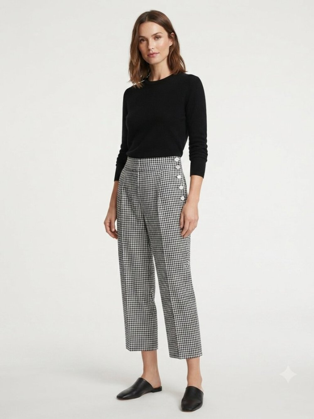 CLUB MONACO BLACK WHITE GINGHAM TAPERED WIDE CROPPED SIDE BUTTON PANTS - 4